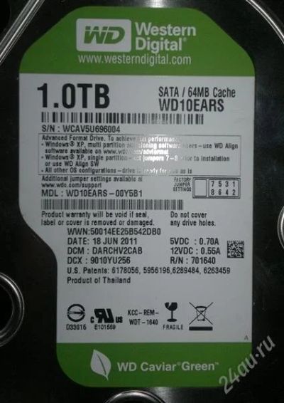 Лот: 1969938. Фото: 1. HDD WD 1Tb WD10EARS. Жёсткие диски (HDD)