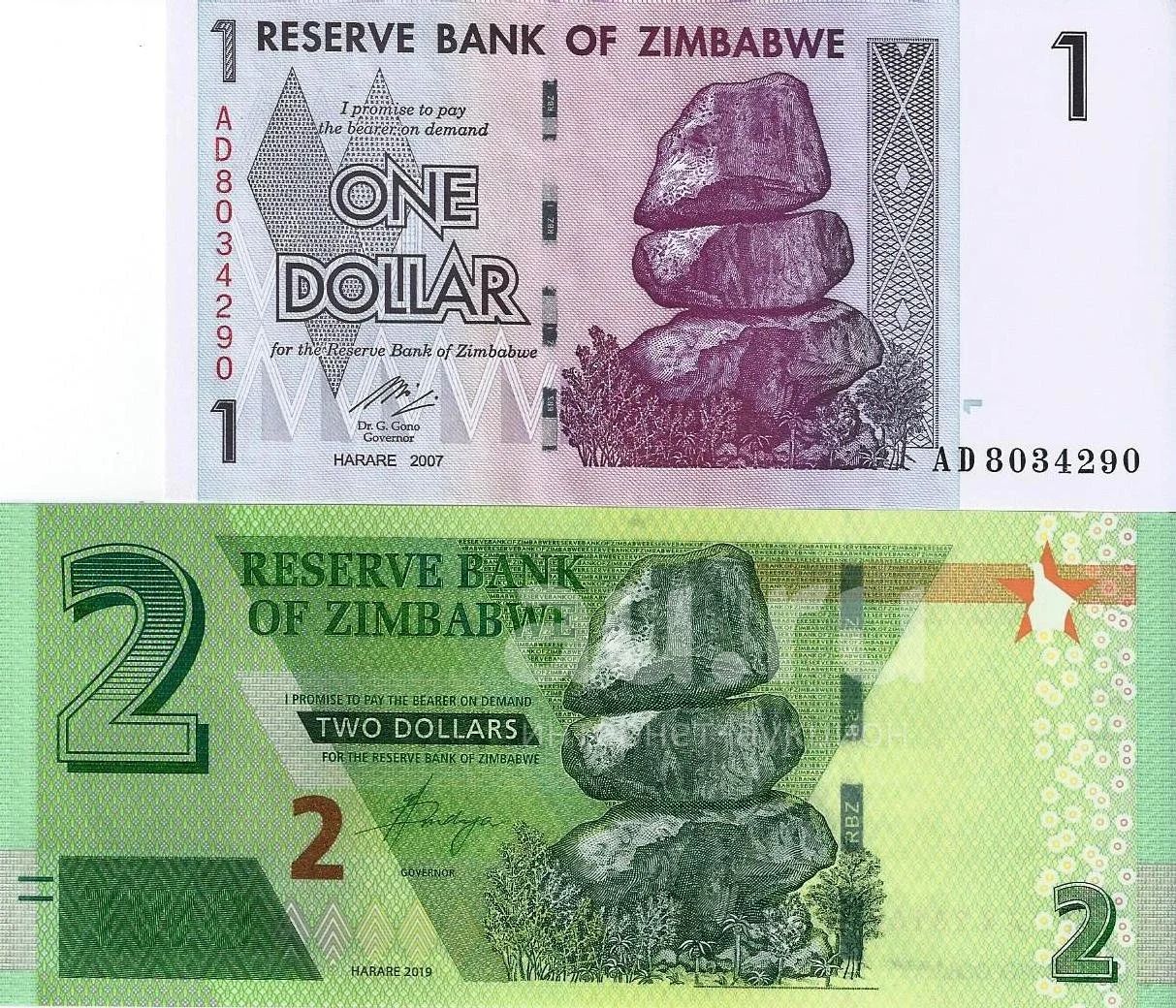 Зимбабве 1 доллар 2007. Зимбабве 2 доллара 2019.
