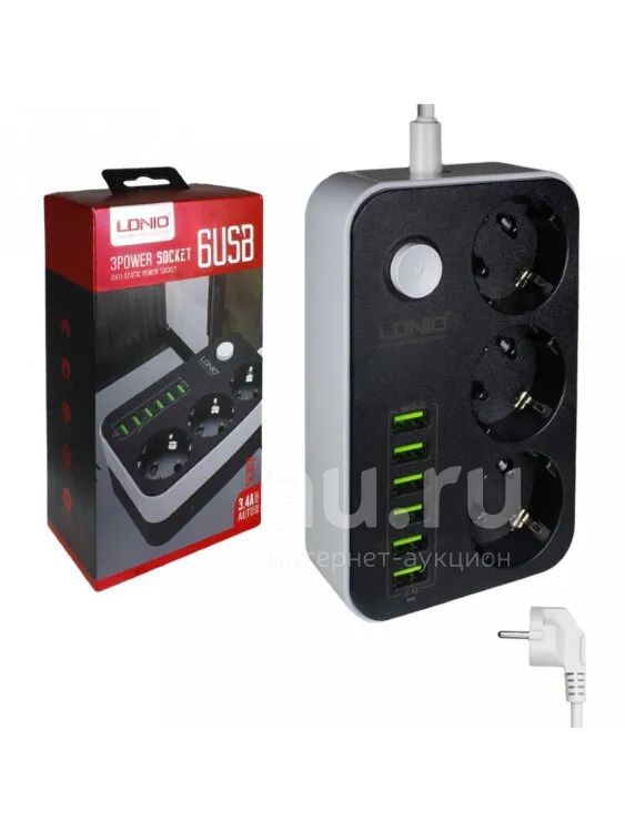 Сетевой фильтр LDNIO SE3631, 3 розетки + 6 USB 3.4A / 1.6 метра / 2500 ...