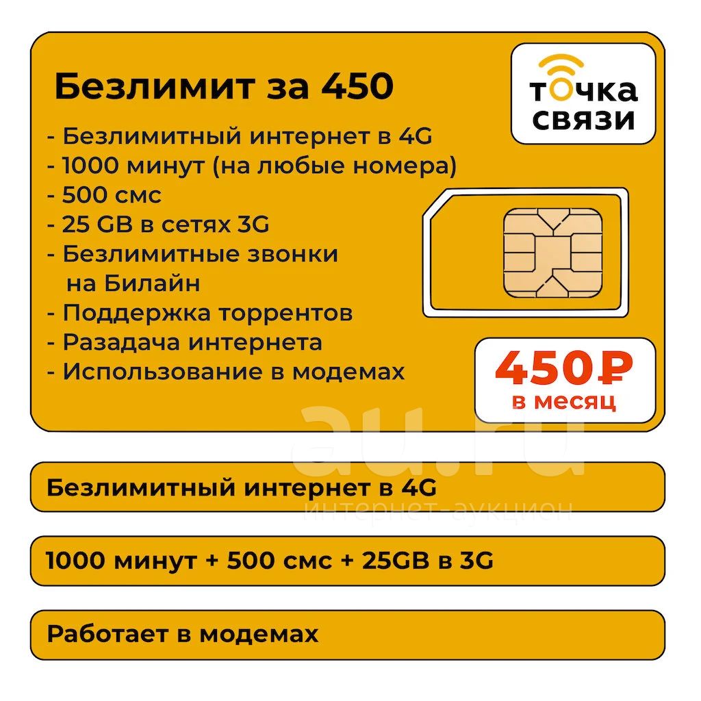 Безлимитный интернет + 1000 минут на РФ = 450 руб/мес — купить в  Красноярске. Телефонные номера, SIM-карты на интернет-аукционе Au.ru