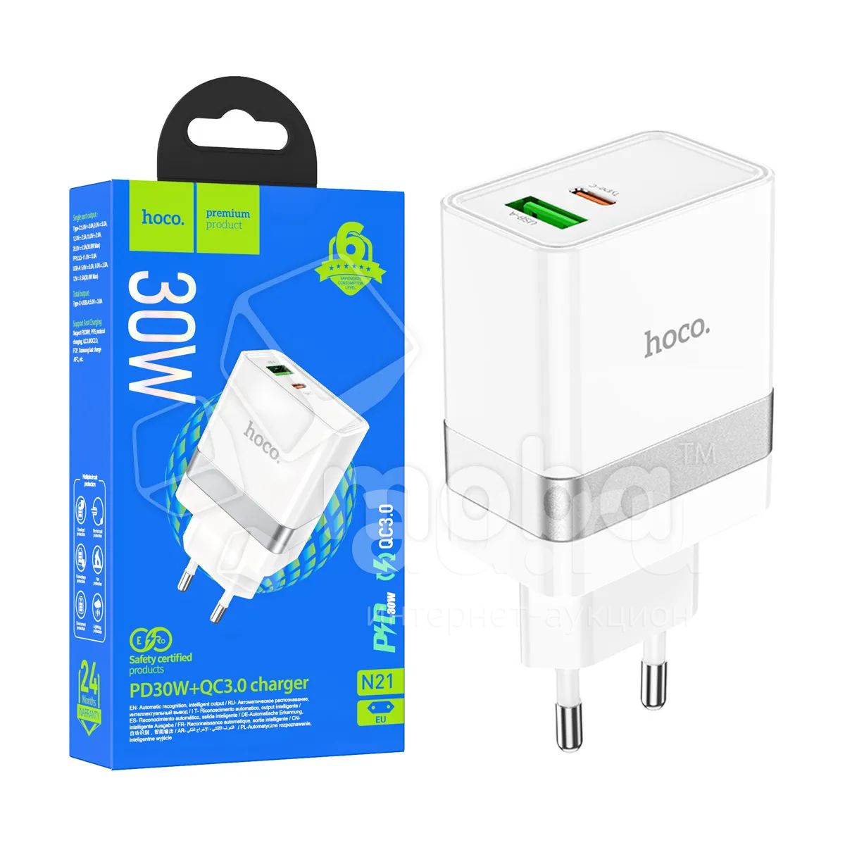 Сетевое зарядное устройство USB/Type-C Hoco N21 (30W, QС3.0, PD) Белый ...