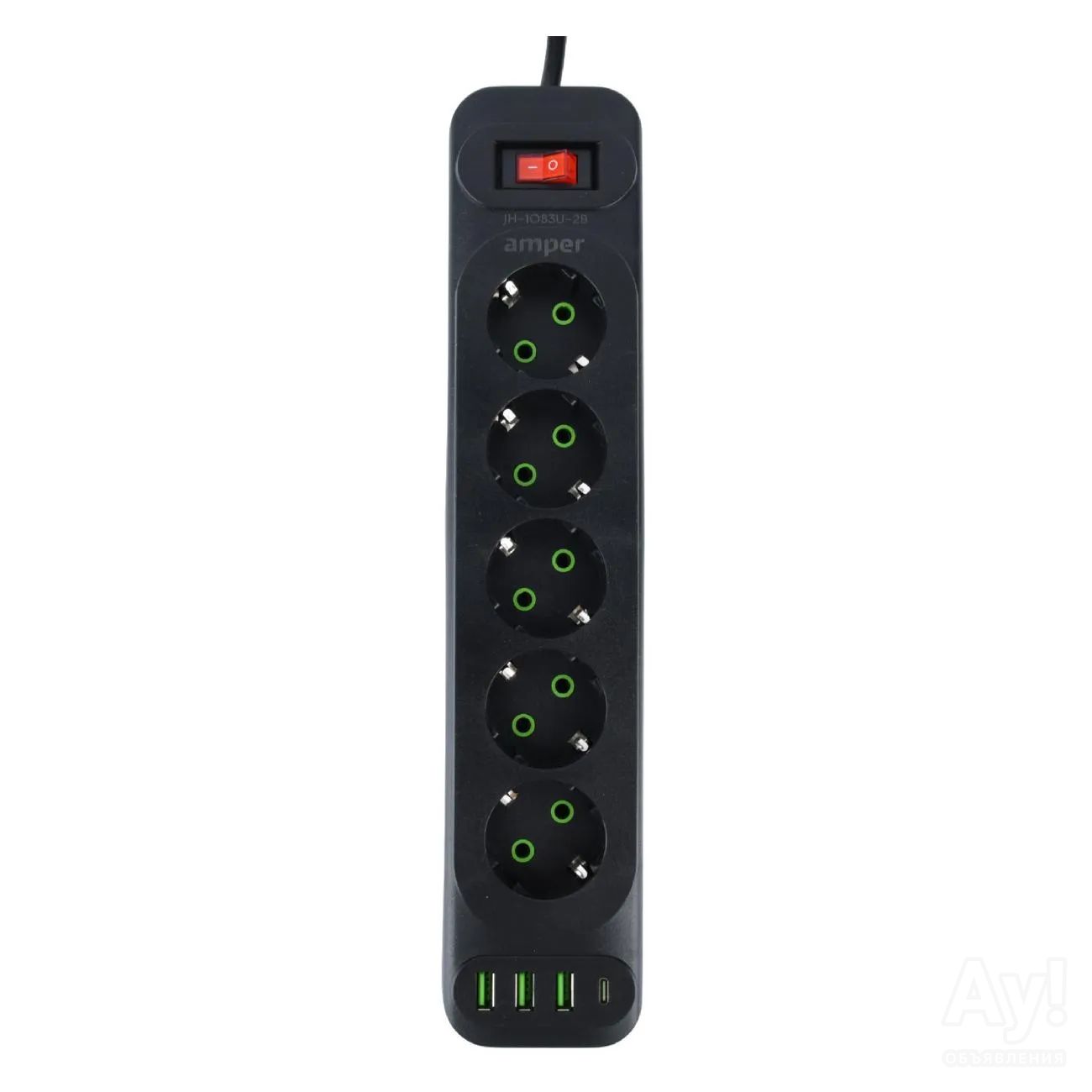 Удлинитель Amper 5 розеток, 10 А, 2500 Вт, 3хUSB, 1хType-C, 2 м, черный ...
